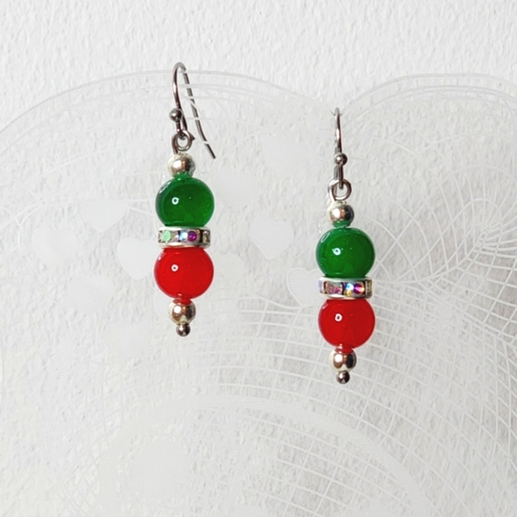Christmas Dangle Earrings Red & Green Glass Beads & AB Rhinstones Handma… - Picture 3 of 3